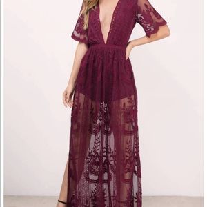 Honey punch mauve maxi lace overlay romper